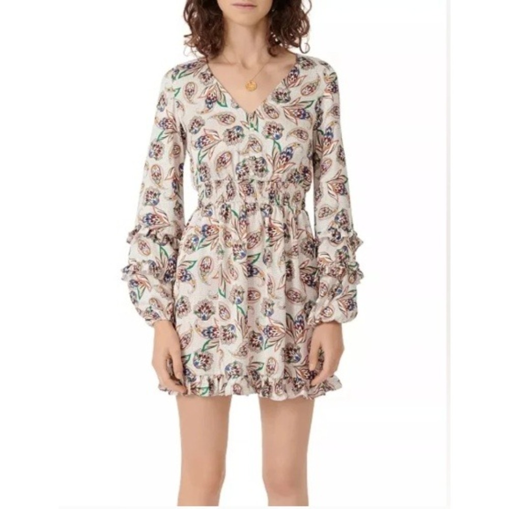 Maje Risley Paisley Mini Dress Smocked Waist Ruffle Sleeve Boho Floral Size 34